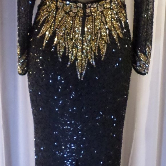 Lady Long Silk Gown Sequin Bead Size 12 Black Gold - Picture 5 of 8